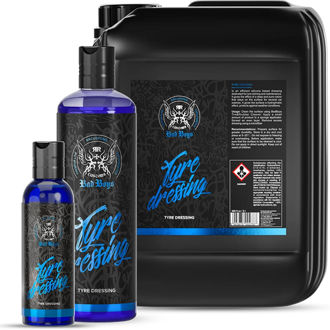 Bad Boys Tyre Dressing bottle, a silicone dressing used for a deep, even black finish on clean, dry tyres