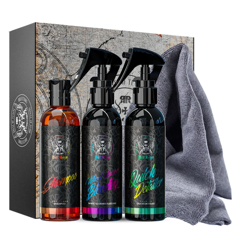 Bad Boys Exterior Set 150ml gift box with Orangeade Shampoo, Wheel Cleaner Bleeding, Quick Detailer and a microfibre towel, which counts as one item towards the multi-buy discount