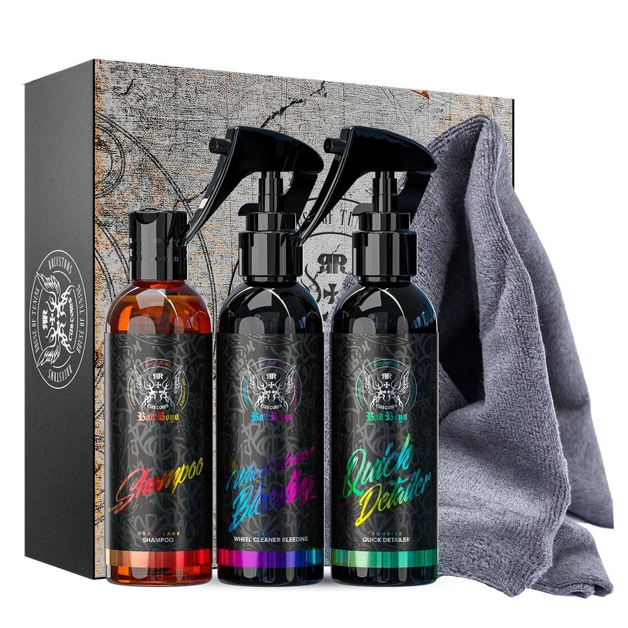 Bad Boys Exterior Set 150ml gift box with Orangeade Shampoo, Wheel Cleaner Bleeding, Quick Detailer and a microfibre towel, which counts as one item towards the multi-buy discount