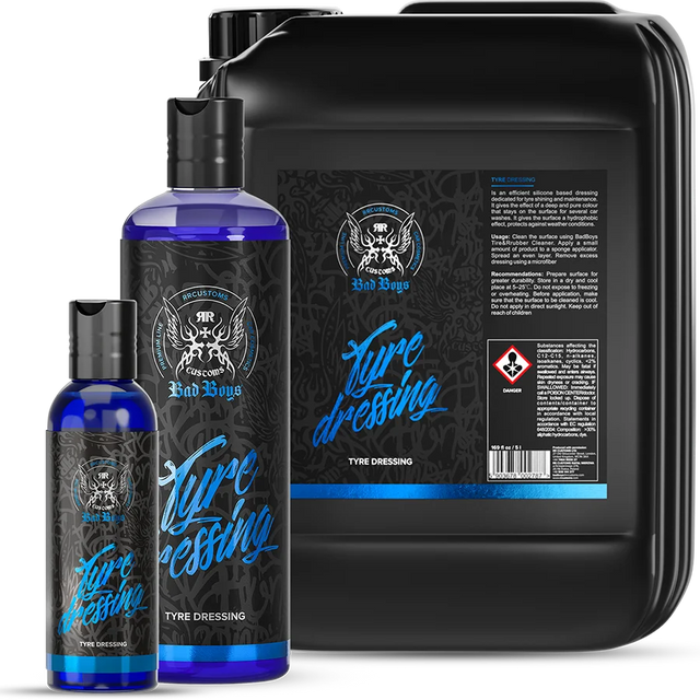 Bad Boys Tyre Dressing bottle, a silicone dressing used for a deep, even black finish on clean, dry tyres