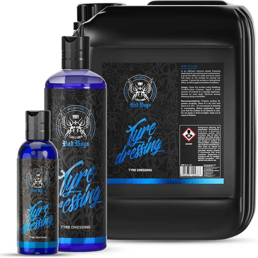 Bad Boys Tyre Dressing bottle, a silicone dressing used for a deep, even black finish on clean, dry tyres